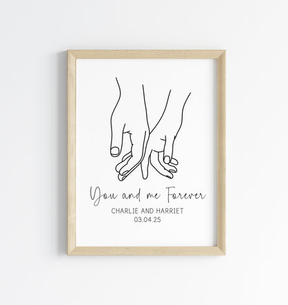 Personalised Couples Print You Me Forever hands lines drawing Wall Art (unframed)