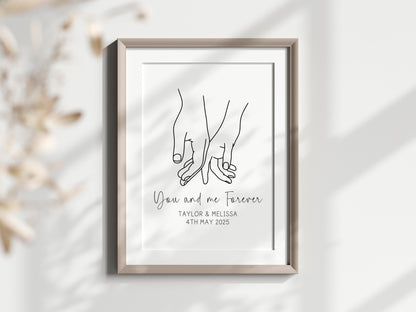 Personalised Couples Print You Me Forever hands lines drawing Wall Art (unframed)