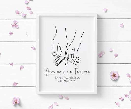 Personalised Couples Print You Me Forever hands lines drawing Wall Art (unframed)