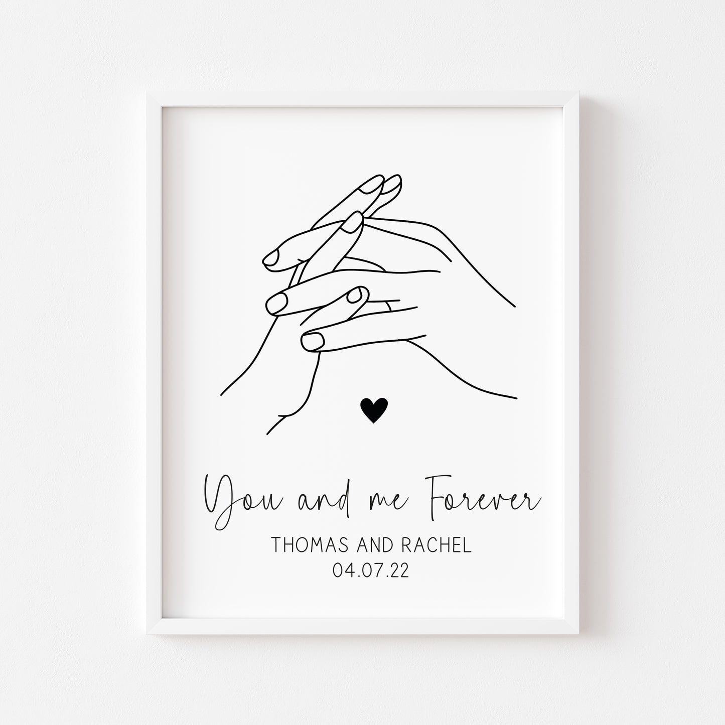 Personalised Couples Print You Me Forever holding hands lines drawing heart Wall Art (unframed)