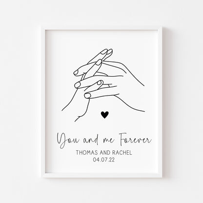 Personalised Couples Print You Me Forever holding hands lines drawing heart Wall Art (unframed)