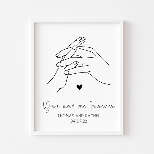 Personalised Couples Print You Me Forever holding hands lines drawing heart Wall Art (unframed)