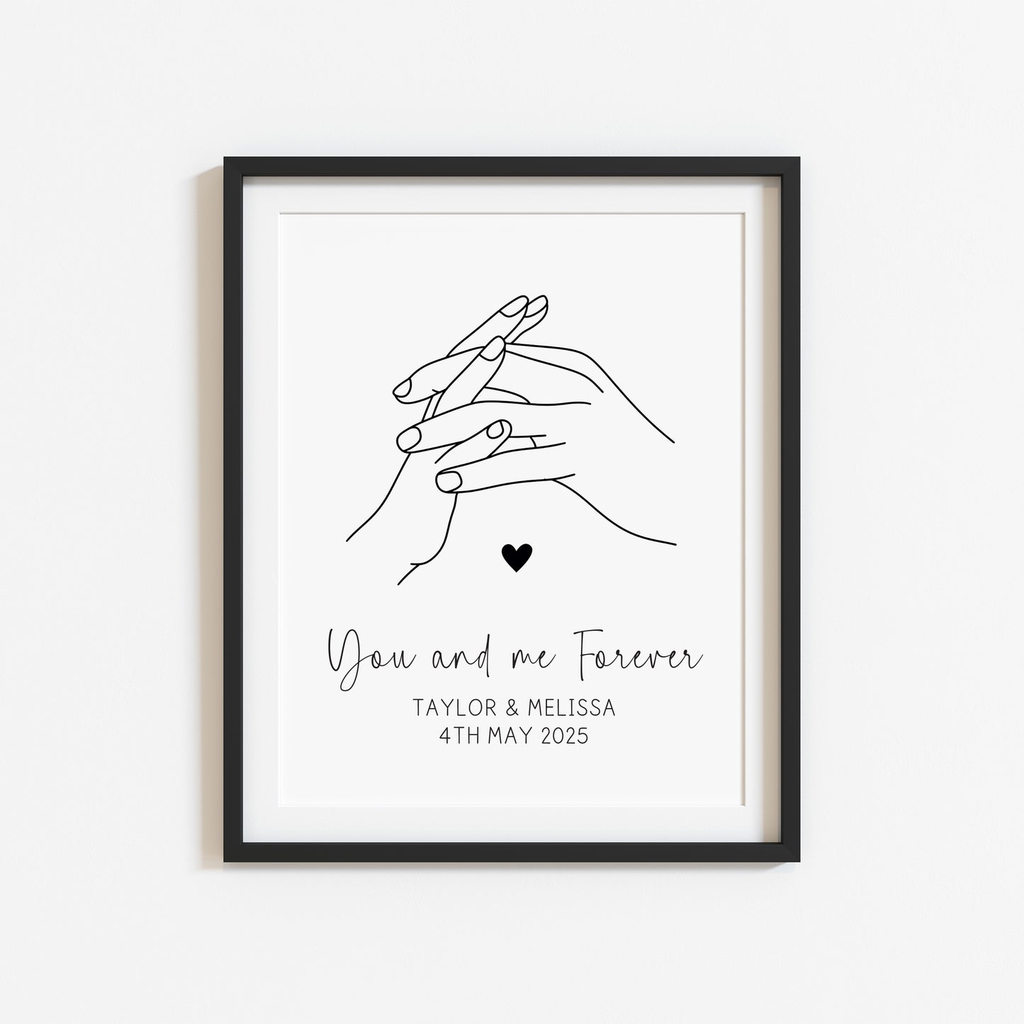 Personalised Couples Print You Me Forever holding hands lines drawing heart Wall Art (unframed)