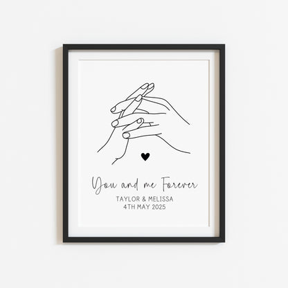 Personalised Couples Print You Me Forever holding hands lines drawing heart Wall Art (unframed)