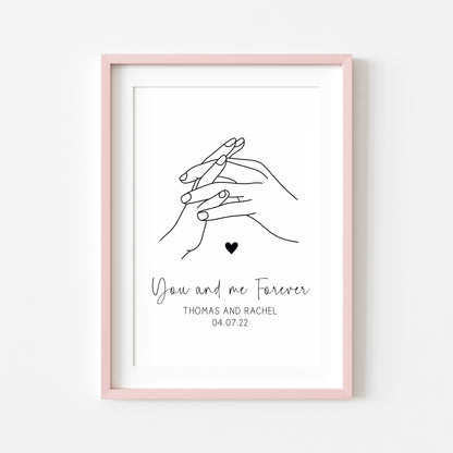 Personalised Couples Print You Me Forever holding hands lines drawing heart Wall Art (unframed)