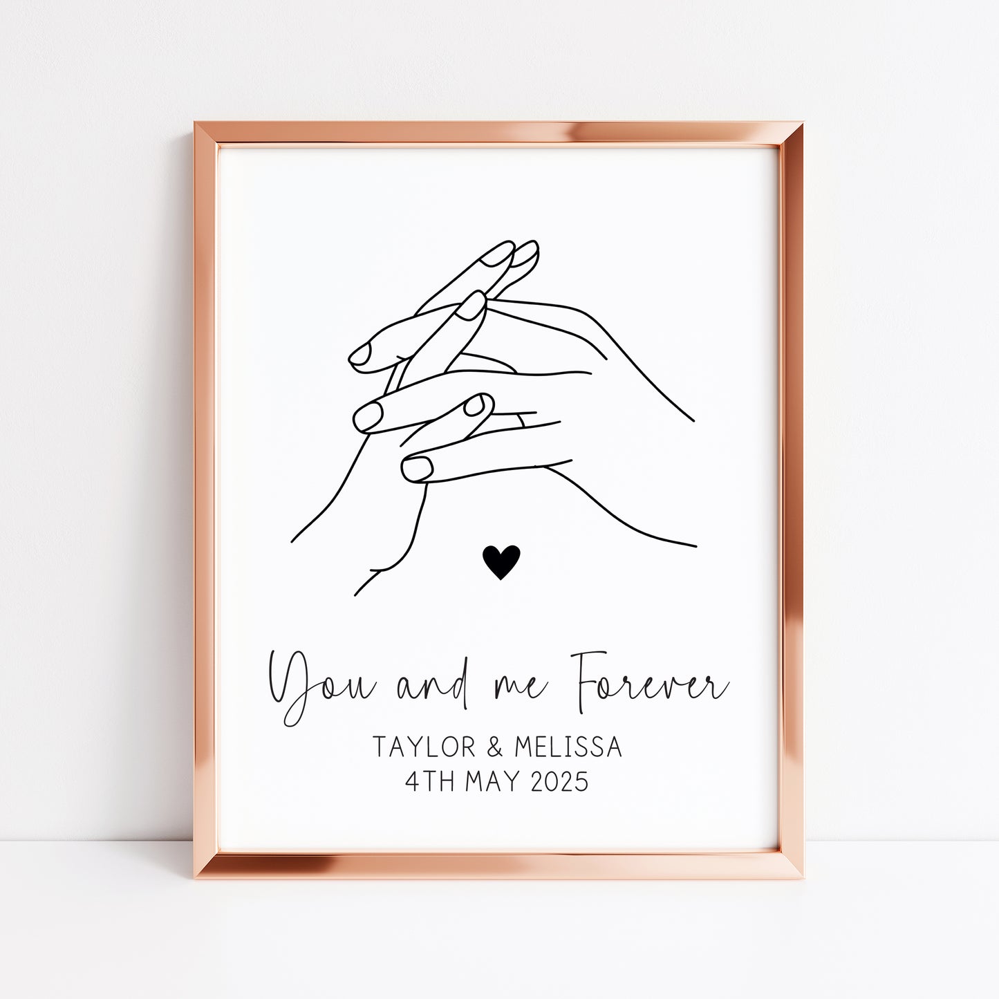 Personalised Couples Print You Me Forever holding hands lines drawing heart Wall Art (unframed)