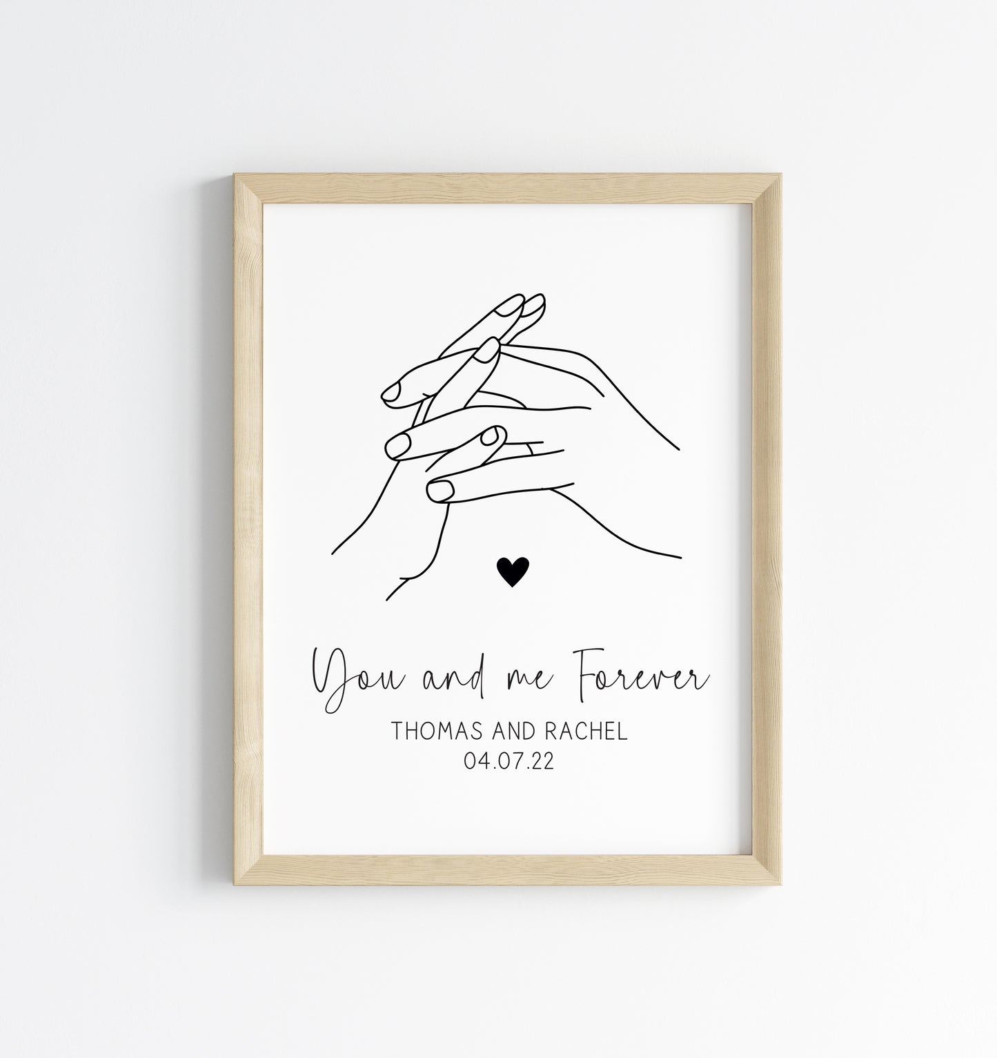 Personalised Couples Print You Me Forever holding hands lines drawing heart Wall Art (unframed)