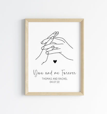 Personalised Couples Print You Me Forever holding hands lines drawing heart Wall Art (unframed)