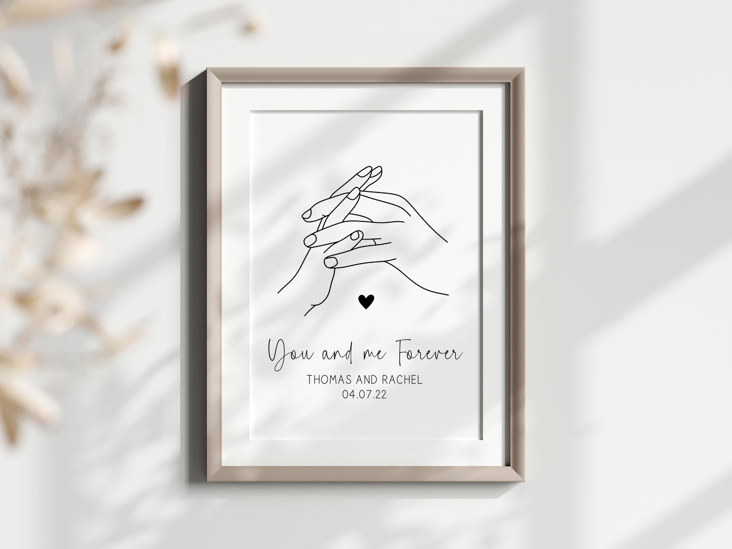 Personalised Couples Print You Me Forever holding hands lines drawing heart Wall Art (unframed)
