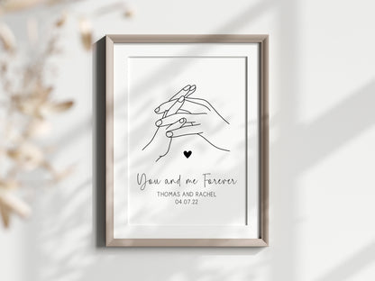 Personalised Couples Print You Me Forever holding hands lines drawing heart Wall Art (unframed)