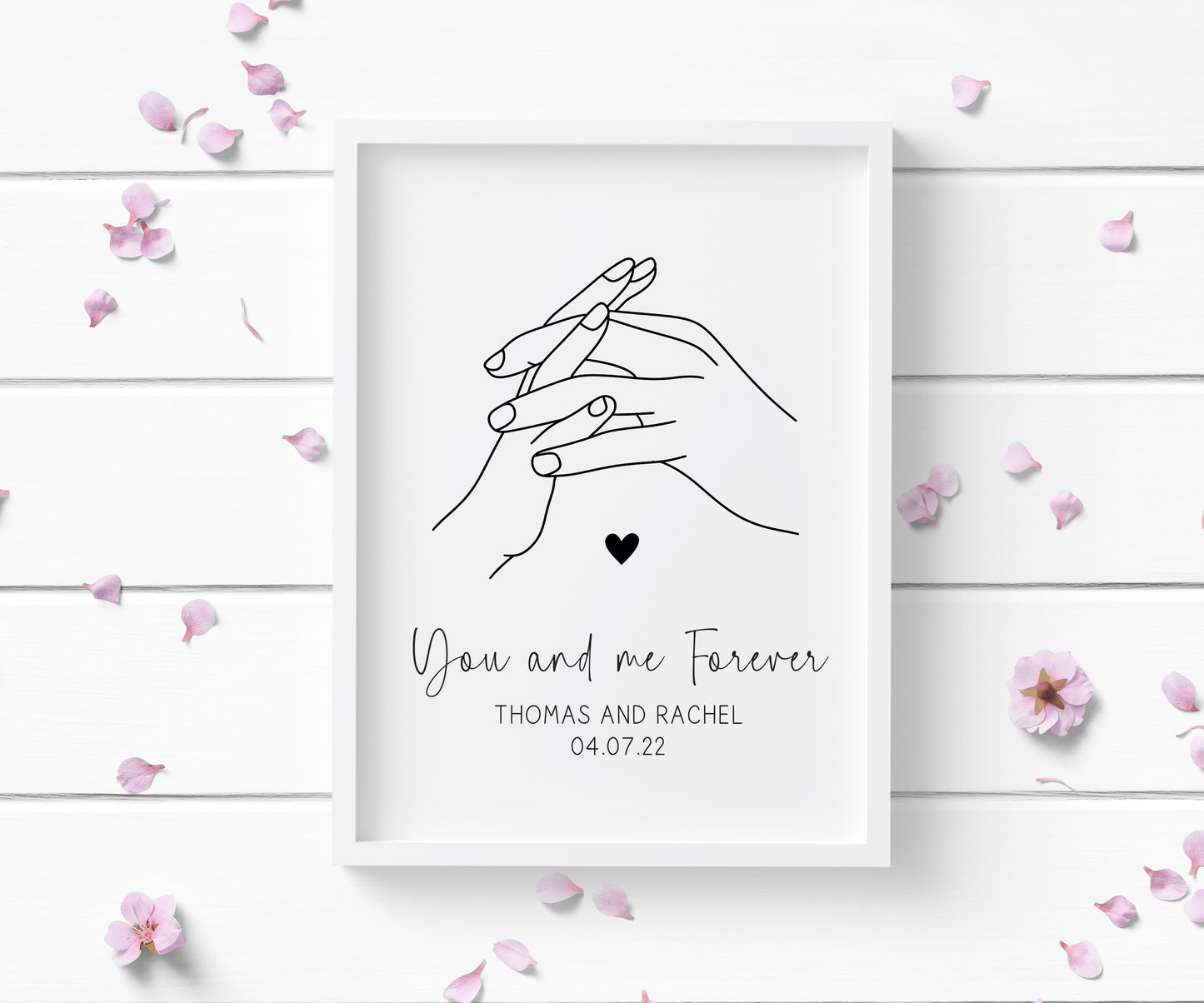 Personalised Couples Print You Me Forever holding hands lines drawing heart Wall Art (unframed)