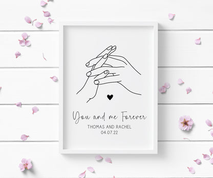 Personalised Couples Print You Me Forever holding hands lines drawing heart Wall Art (unframed)
