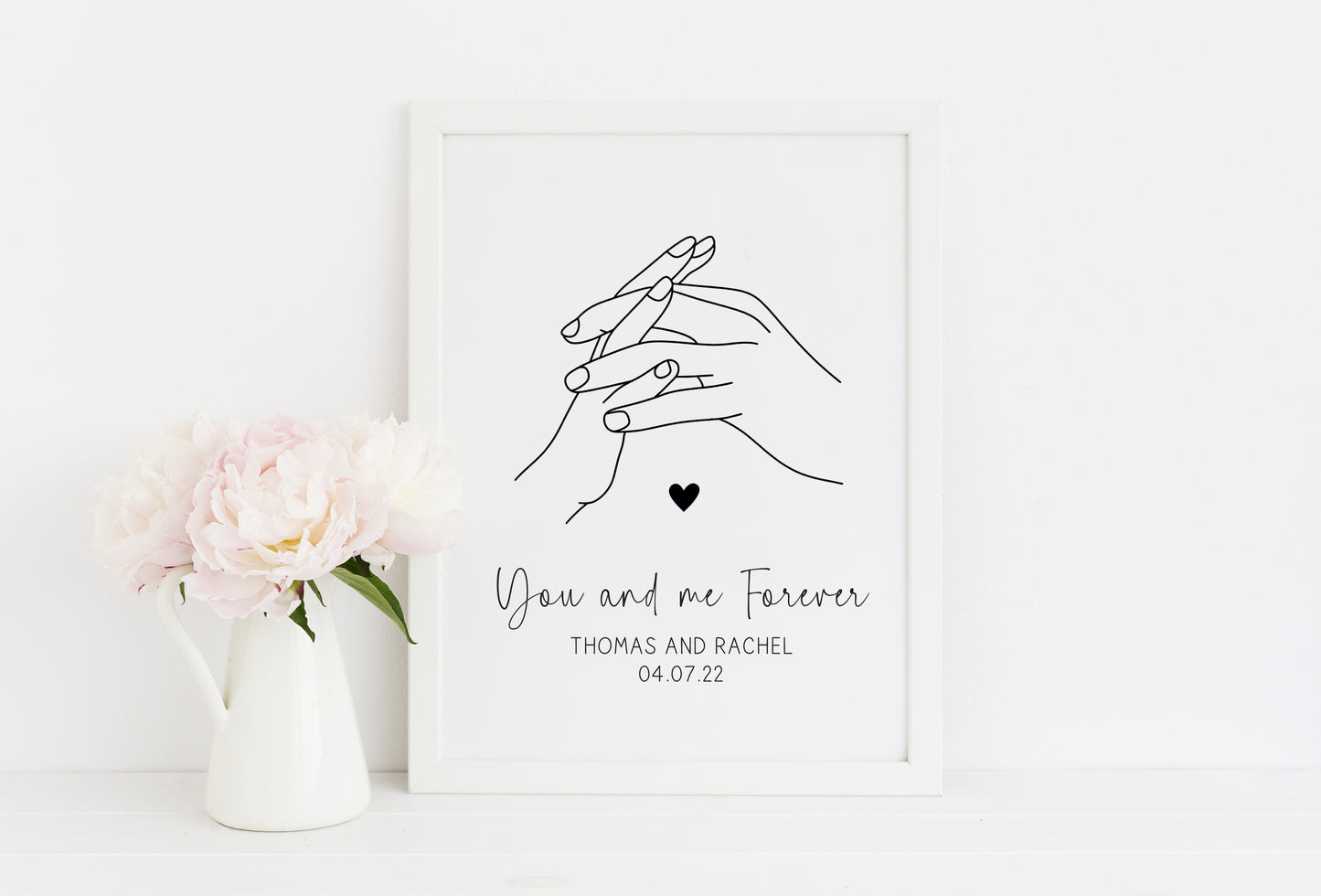 Personalised Couples Print You Me Forever holding hands lines drawing heart Wall Art (unframed)
