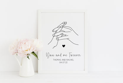 Personalised Couples Print You Me Forever holding hands lines drawing heart Wall Art (unframed)