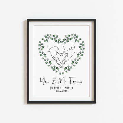 You & me forever personalised greenery heart wreath couples holding hands unframed wall art poster print