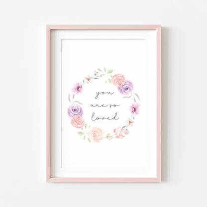 You are so loved wreath purple pink floral print, bedroom nursery home unframed wall art poster print, initial print, floral nursery print