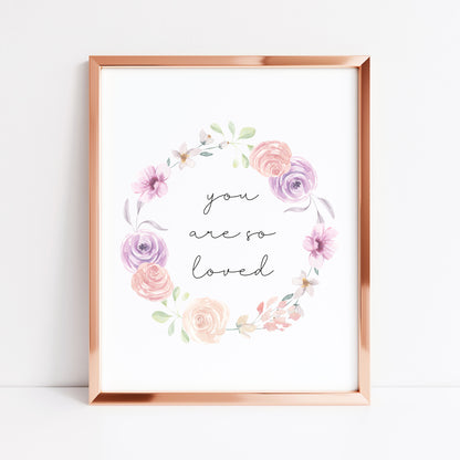 You are so loved wreath purple pink floral print, bedroom nursery home unframed wall art poster print, initial print, floral nursery print