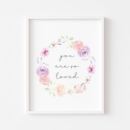 You are so loved wreath purple pink floral print, bedroom nursery home unframed wall art poster print, initial print, floral nursery print