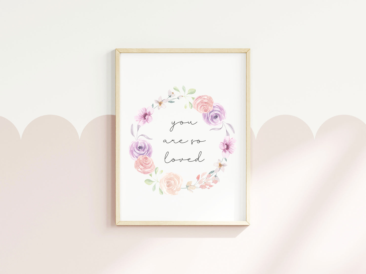 You are so loved wreath purple pink floral print, bedroom nursery home unframed wall art poster print, initial print, floral nursery print