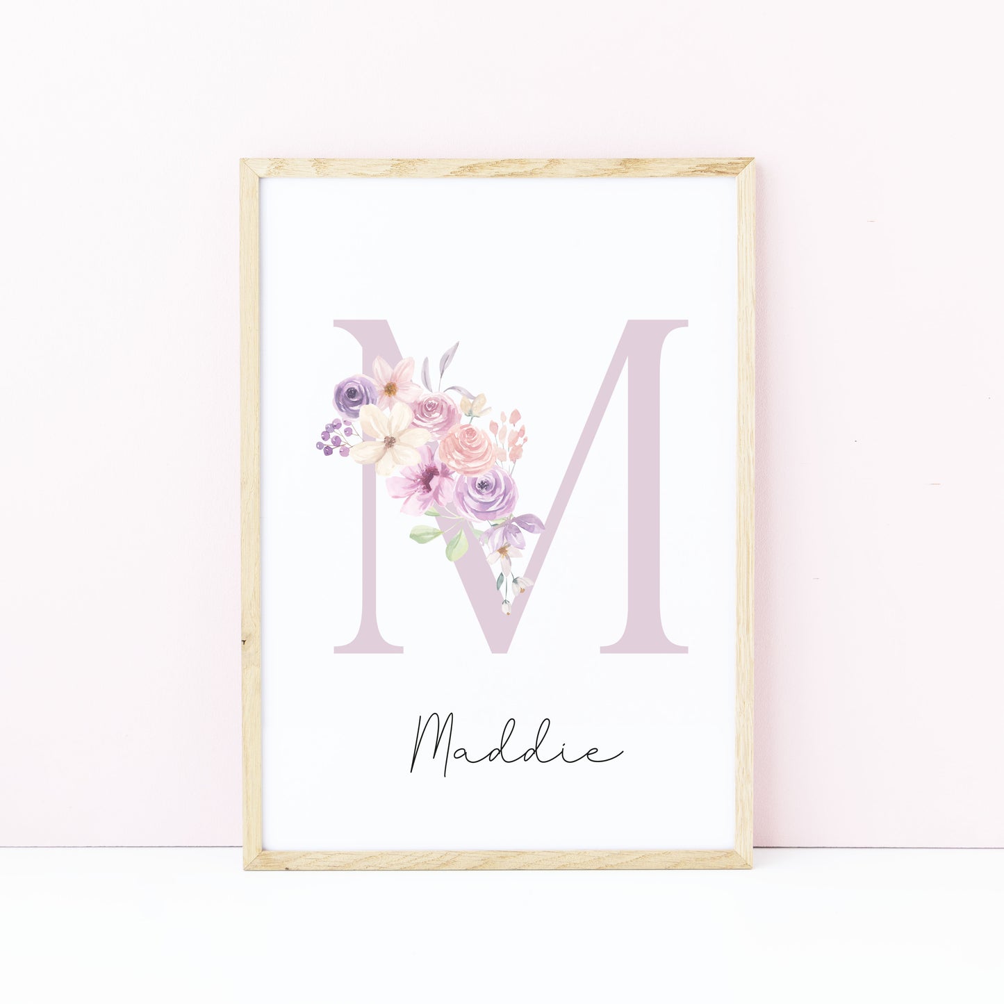 Personalised purple pink floral initial name print, bedroom nursery home unframed wall art poster print, initial print, floral nursery print