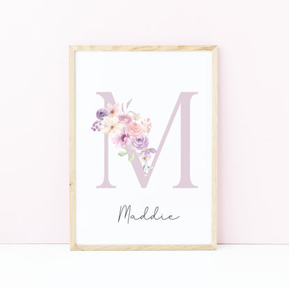 Personalised purple pink floral initial name print, bedroom nursery home unframed wall art poster print, initial print, floral nursery print