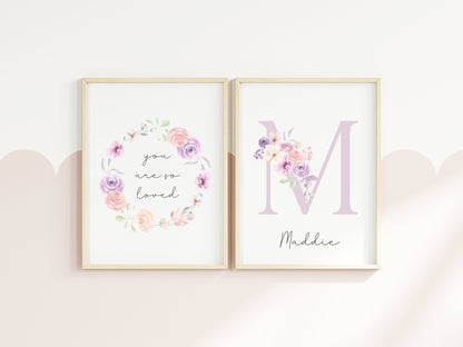 Set of 2 prints personalised name pink floral initial bouquet & wreath bedroom unframed wall art poster prints, girls bedroom decor