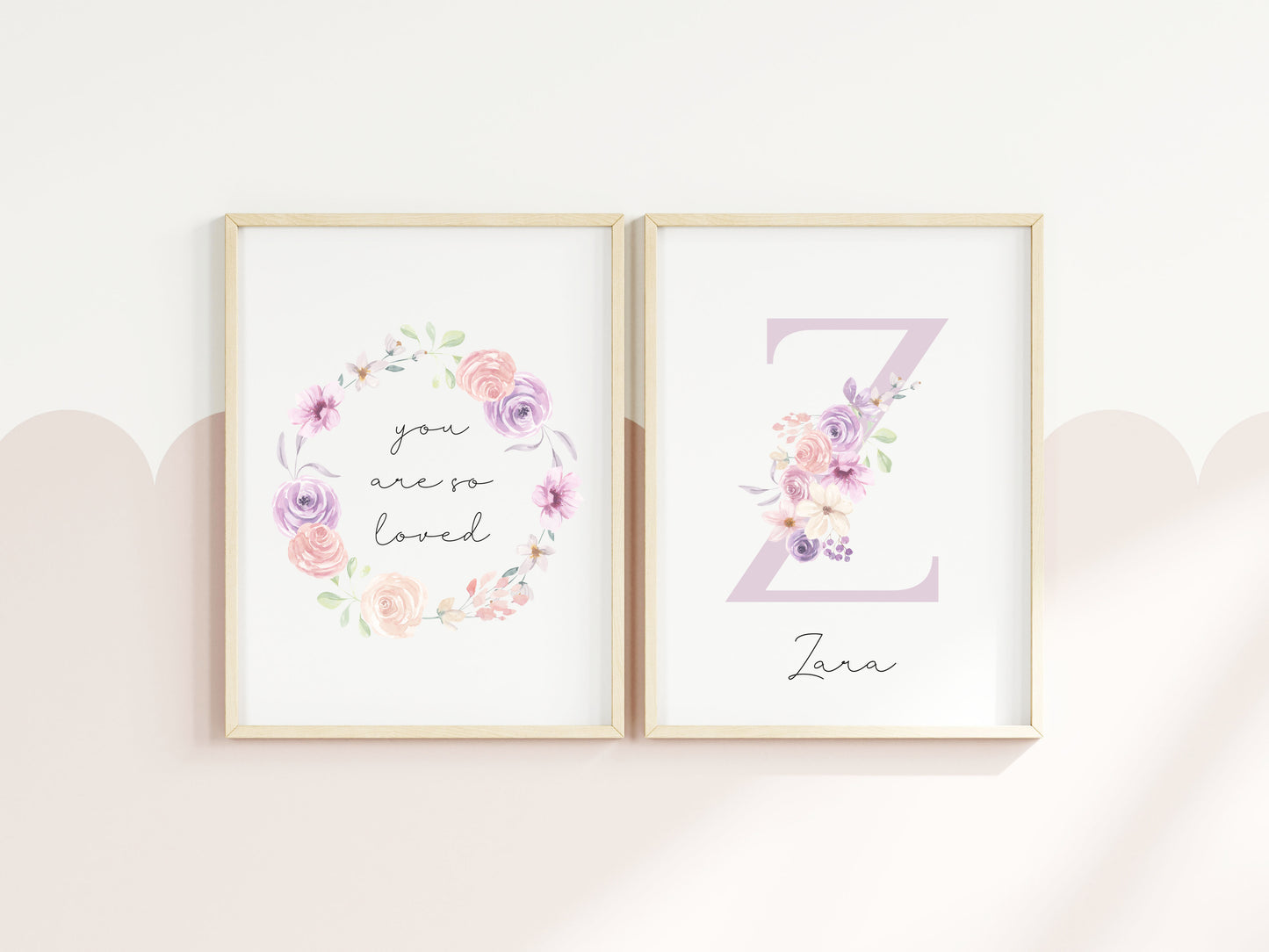 Set of 2 prints personalised name pink floral initial bouquet & wreath bedroom unframed wall art poster prints, girls bedroom decor