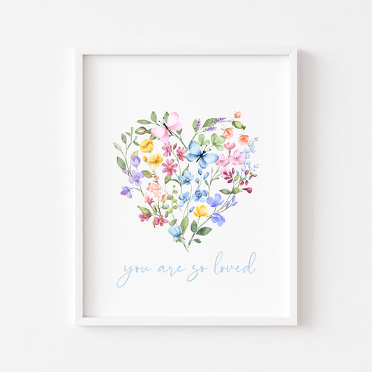 You are so loved blue purple pink watercolour wildflower heart unframed wall art poster print