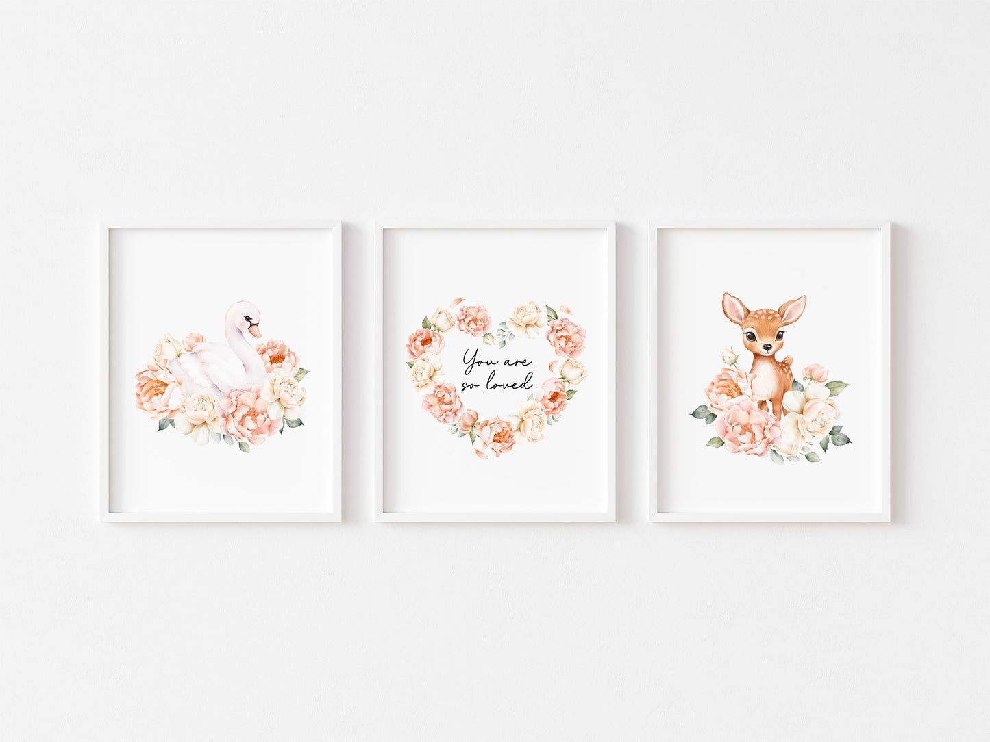 Woodland Nursery Wall Art Set of 3, Swan Deer Floral Nursery Prints
