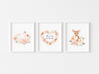 Woodland Nursery Wall Art Set of 3, Swan Deer Floral Nursery Prints