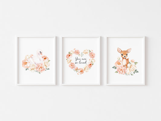 Woodland Nursery Wall Art Set of 3, Swan Deer Floral Nursery Prints