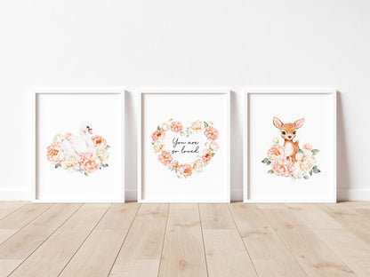 Woodland Nursery Wall Art Set of 3, Swan Deer Floral Nursery Prints