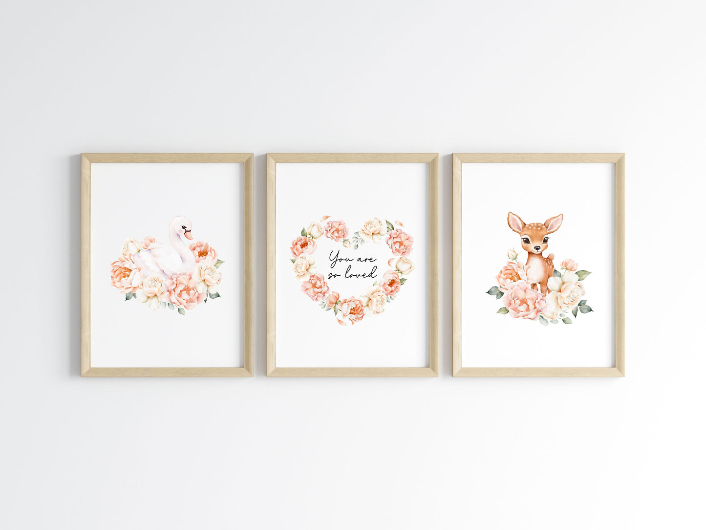Woodland Nursery Wall Art Set of 3, Swan Deer Floral Nursery Prints