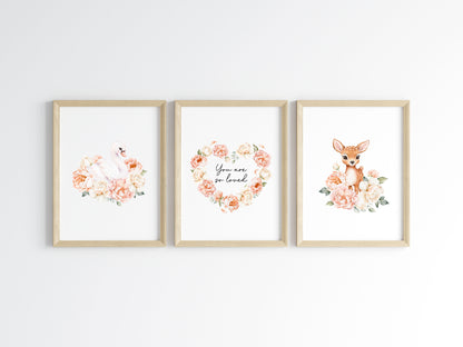 Woodland Nursery Wall Art Set of 3, Swan Deer Floral Nursery Prints
