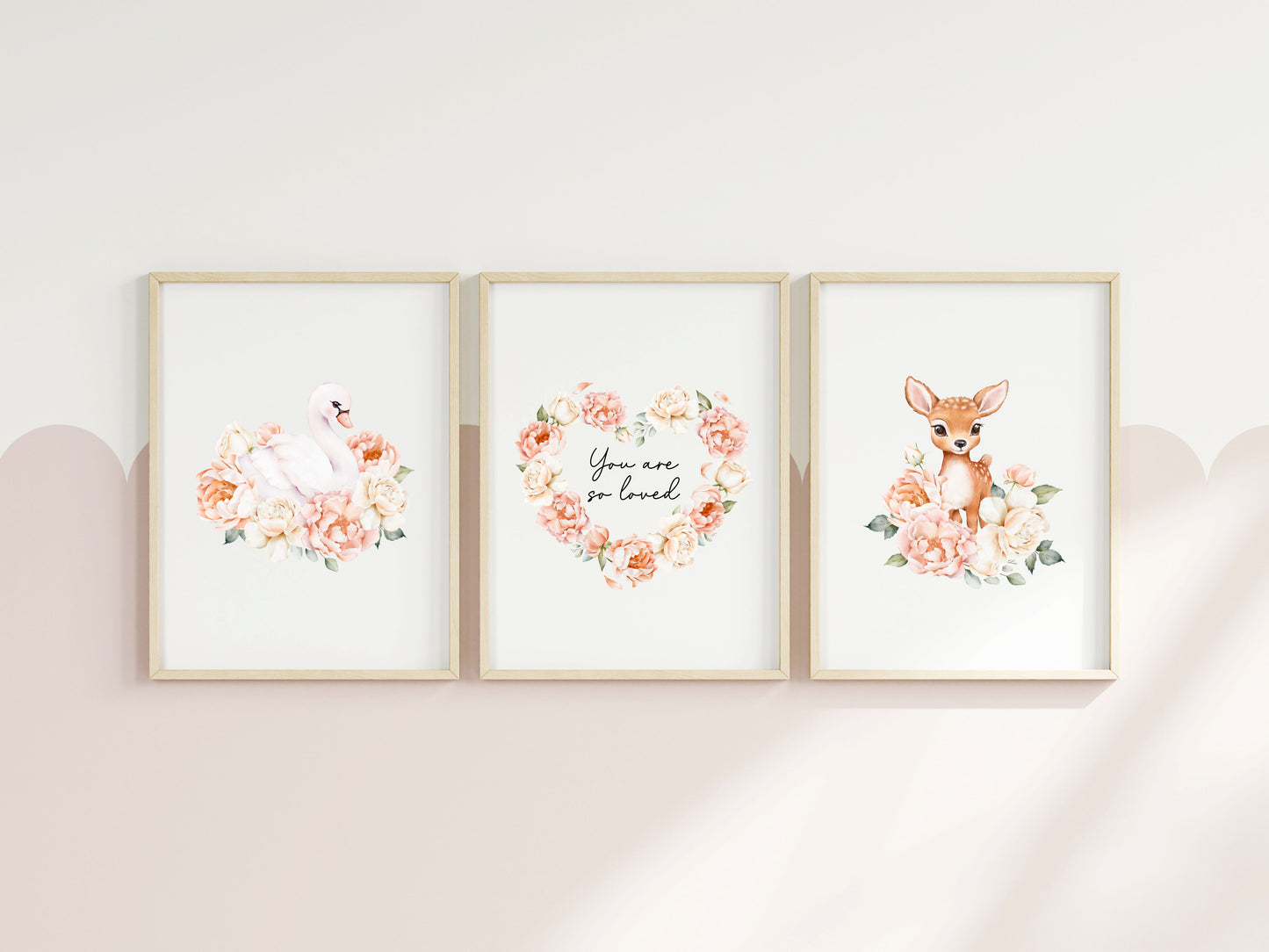 Woodland Nursery Wall Art Set of 3, Swan Deer Floral Nursery Prints