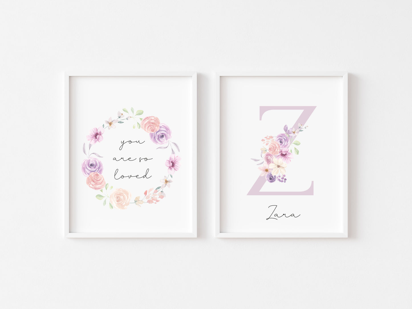 Set of 2 prints personalised name pink floral initial bouquet & wreath bedroom unframed wall art poster prints, girls bedroom decor