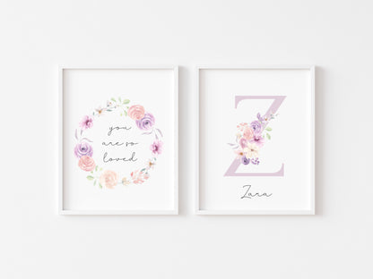 Set of 2 prints personalised name pink floral initial bouquet & wreath bedroom unframed wall art poster prints, girls bedroom decor