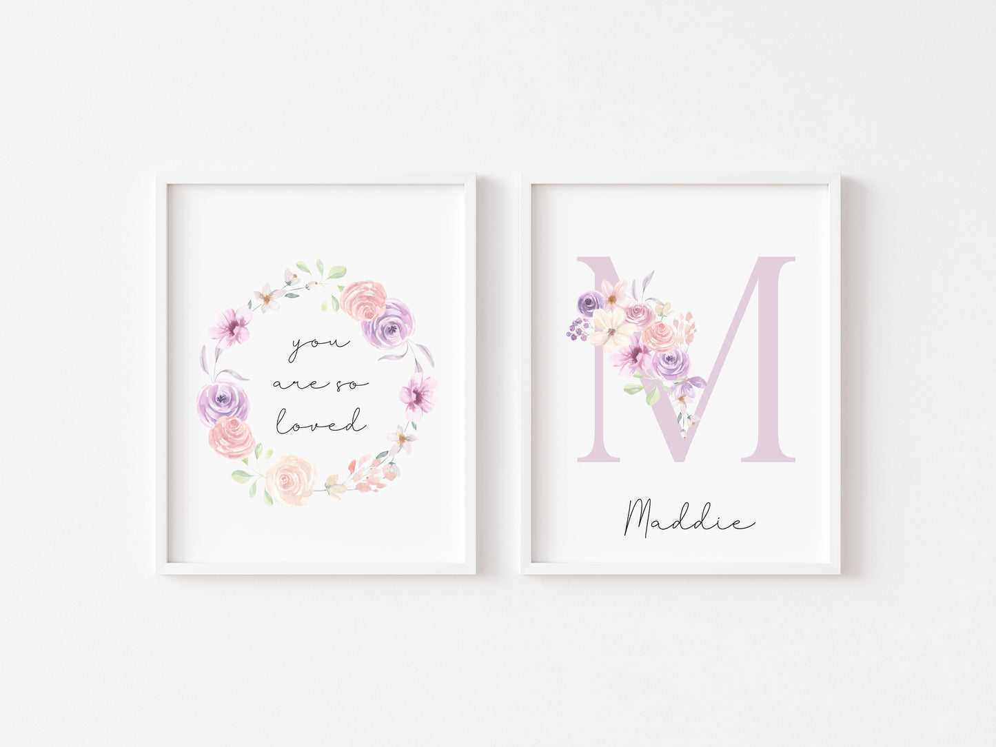 Set of 2 prints personalised name pink floral initial bouquet & wreath bedroom unframed wall art poster prints, girls bedroom decor