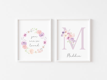 Set of 2 prints personalised name pink floral initial bouquet & wreath bedroom unframed wall art poster prints, girls bedroom decor