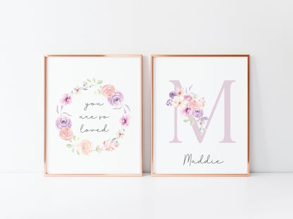 Set of 2 prints personalised name pink floral initial bouquet & wreath bedroom unframed wall art poster prints, girls bedroom decor