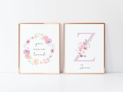 Set of 2 prints personalised name pink floral initial bouquet & wreath bedroom unframed wall art poster prints, girls bedroom decor