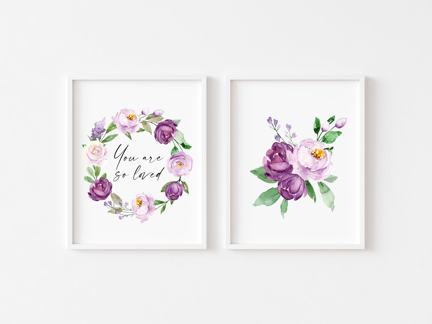 Set of 2 prints, you are so loved purple green floral watercolour girls bedroom unframed wall art poster prints