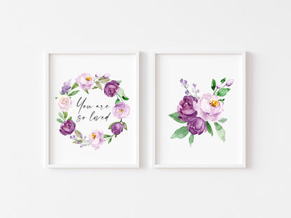 Set of 2 prints, you are so loved purple green floral watercolour girls bedroom unframed wall art poster prints