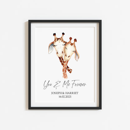 You & me forever watercolour giraffes personalised couples, valentines, unframed wall art poster print