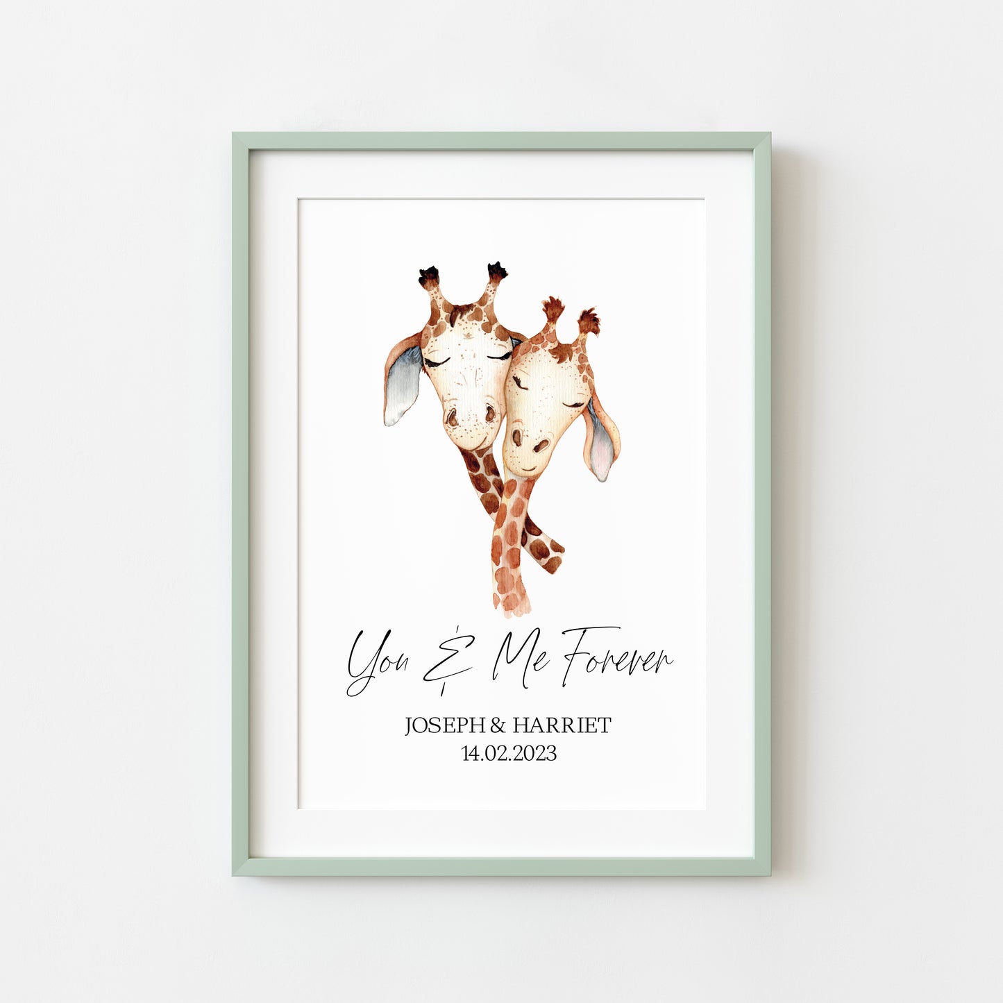 You & me forever watercolour giraffes personalised couples, valentines, unframed wall art poster print