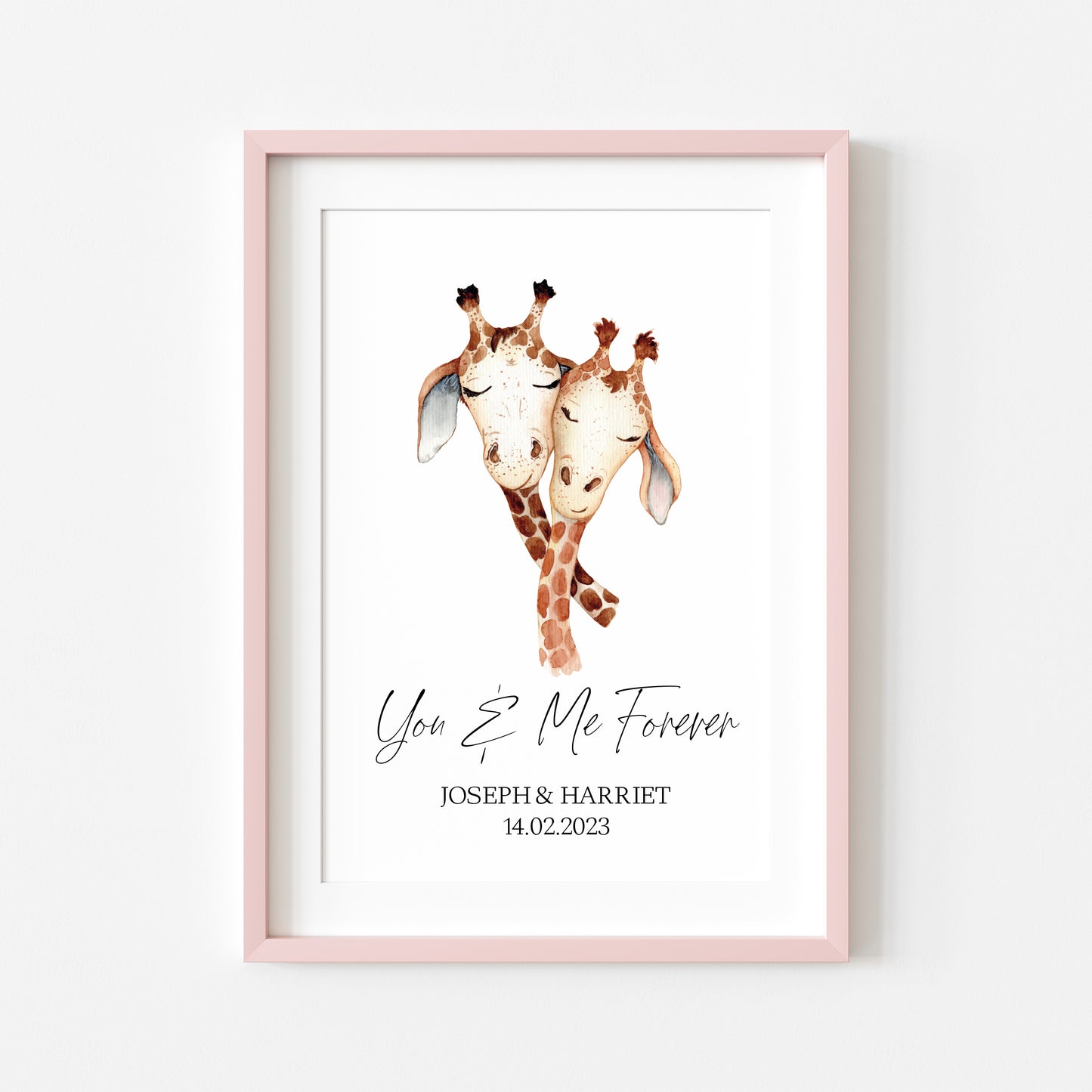 You & me forever watercolour giraffes personalised couples, valentines, unframed wall art poster print