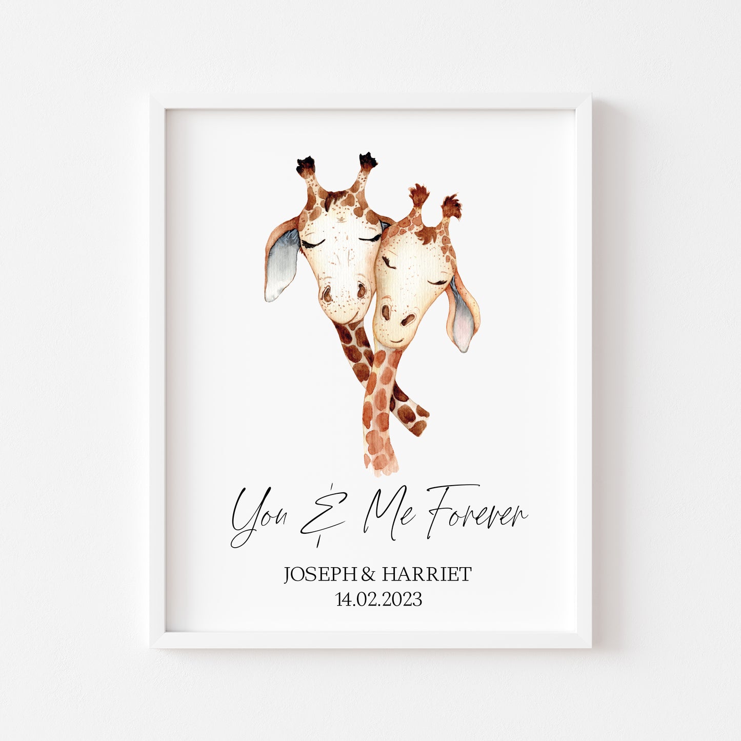 You & me forever watercolour giraffes personalised couples, valentines, unframed wall art poster print