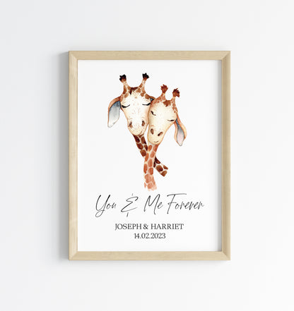 You & me forever watercolour giraffes personalised couples, valentines, unframed wall art poster print