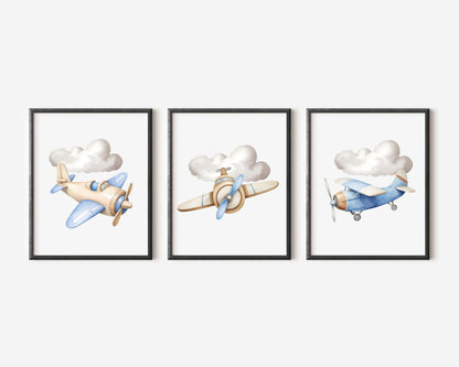 Air transport print set, aviation aeroplane blue beige boys transport wall art (unframed)