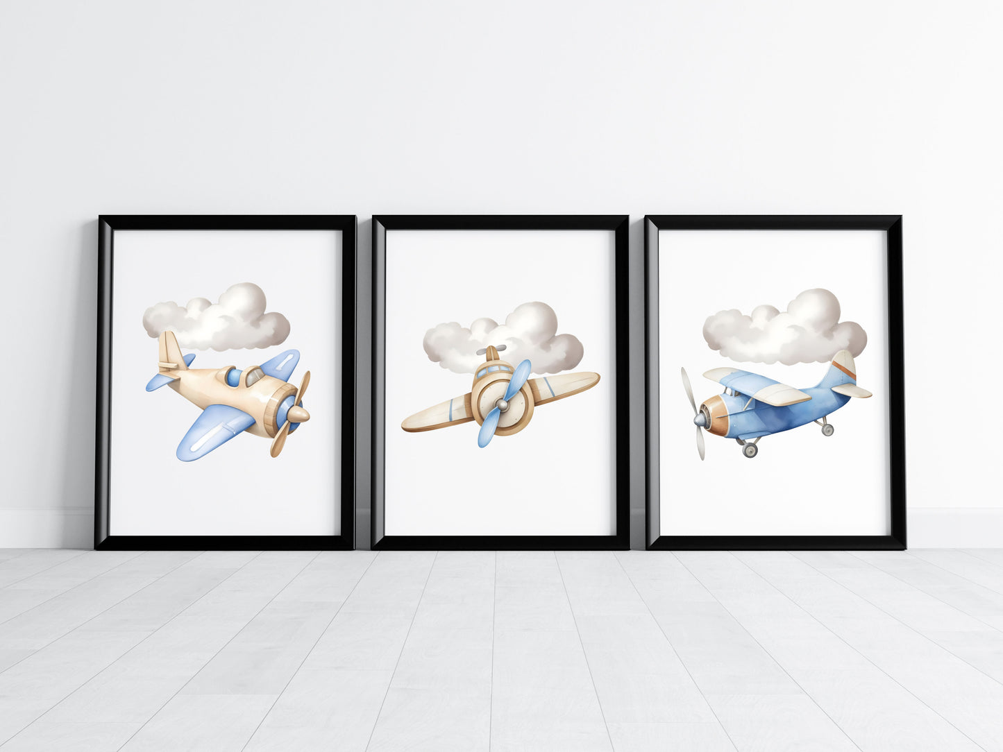 Air transport print set, aviation aeroplane blue beige boys transport wall art (unframed)